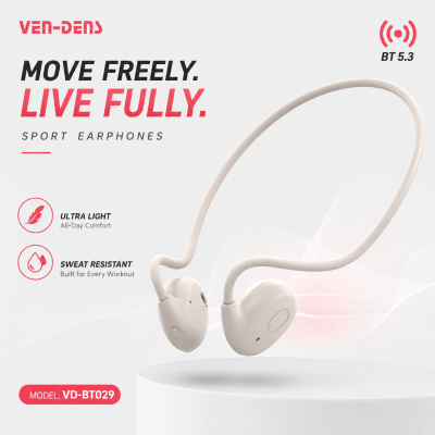 VEN-DENS VD-BT029 Sport Wireless Open-Ear Air-Conduction Earphone – Bluetooth 5.3 Headset with 14.2mm Drivers, 8-Hour Playtime, Touch Control & Secure Ear-Hook Design